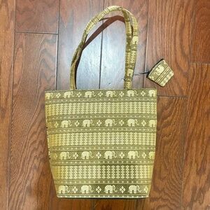 Gold and Brown Embroidered Silk Elephant Purse Tote Bag Indian Asian Design